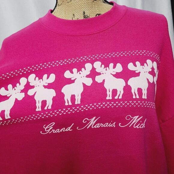 Vintage 80s Jerzees Barbiecore Hot Pink Moose Crewneck Pullover Sweatshirt - Picture 4 of 14